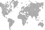 A pixelated world map on a black background, showing continents in a grid-like pattern.