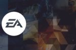 The image shows the EA (Electronic Arts) logo on a white circular backdrop, set against a collage of video game imagery with cars, action scenes, and various characters.