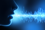 Silhouette of a person''s profile with a blue glowing sound wave emanating from their mouth, representing speech or voice technology.