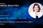 Promotional graphic for the Wharton Annual Analytics Conference featuring keynote speaker Jamie Moldafsky, Chief Marketing and Communications Officer at Nielsen.