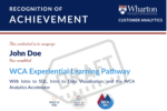 A certificate of achievement from Wharton Customer Analytics recognizing completion of the WCA Experiential Learning Pathway, including Intro to SQL, Intro to Data Visualization, and the WCA Analytics Accelerator. The name "John Doe" and a "DRAFT"