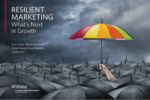 A colorful umbrella held above a sea of gray umbrellas in the rain, symbolizing resilience and standing out. Text reads "Resilient Marketing: What''s Next in Growth" with author names and Wharton logo.