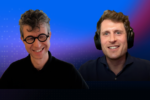 Two people smiling, one wearing glasses and the other with headphones, against a gradient blue and purple background with digital patterns.