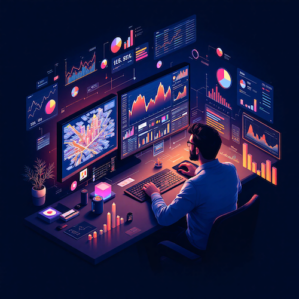 A person working at a desk with multiple screens displaying data visualizations and graphs, surrounded by vibrant digital analytics and charts.