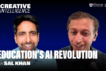 Two individuals smiling against a blue background with text: "Creative Intelligence," "EDUCATION'S AI REVOLUTION with SAL KHAN." Also features the University of Pennsylvania Wharton School logo and "Human-AI Research."