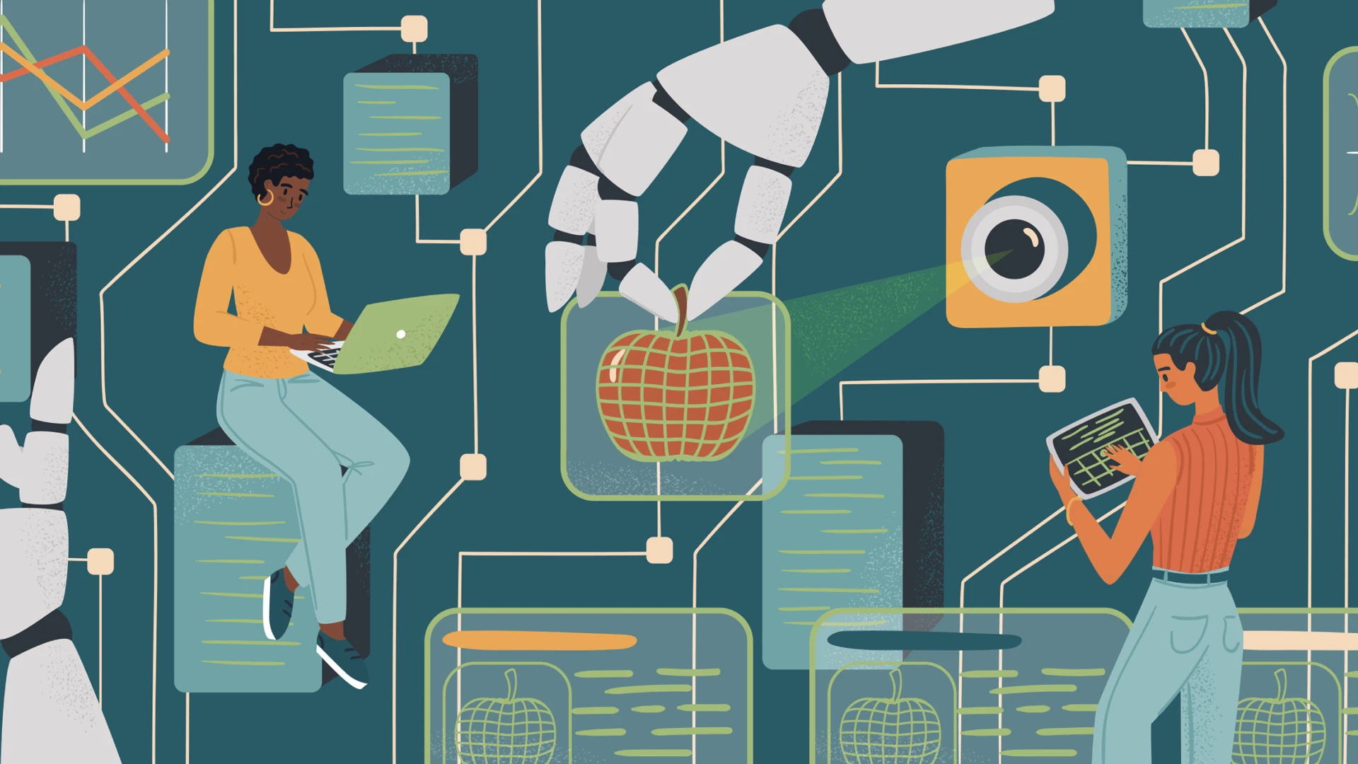 INC piece An illustration depicting artificial intelligence, with a robotic hand grasping a grid-patterned apple, people using laptops, data lines, and digital screens.