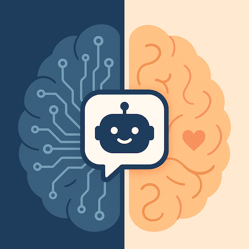 human-vs-machine-chatbot Two stylized halves of a brain, one with circuits representing technology and AI, and the other with a heart symbolizing emotion and humanity, joined by a speech bubble with a smiling robot face.