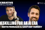 Two people are shown in a promotional image for an event titled "Reskilling for an AI Era" from Wharton Human-AI Research, part of the Creative Intelligence series.