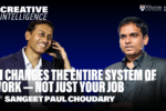 A promotional graphic featuring two individuals and text about AI's impact on work systems. The design is titled "Creative Intelligence" with a mention of Wharton Human-AI Research and Sangeet Paul Choudary.