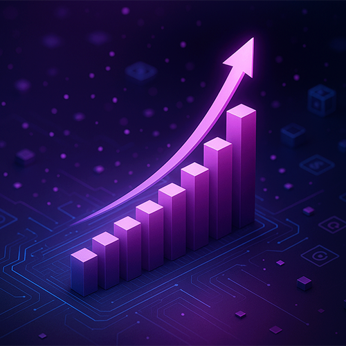 A glowing purple bar graph with an upward arrow, representing growth or success, set against a digital, futuristic background.