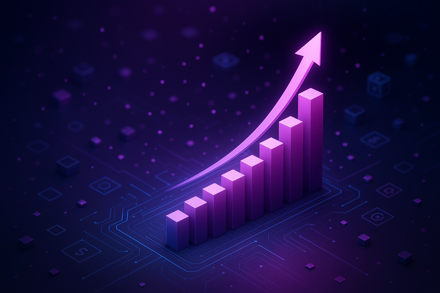 purpble bar chart with the bars increasing and an arrow showing the increase