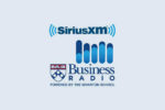 Logo for SiriusXM Business Radio, powered by The Wharton School, featuring blue sound waves and an academic crest.