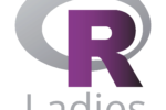 The image is the logo of R-Ladies, featuring a large purple letter "R" overlaid on a gray circle with the word "Ladies" below it.