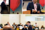 Three images depict speakers and an audience at a corporate event. A "Teradata" banner featuring a hot air balloon is visible.